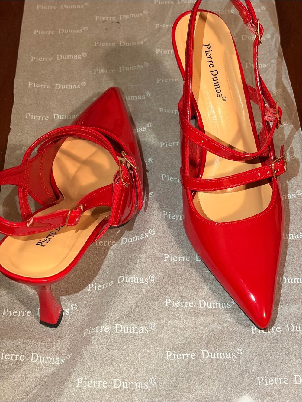 Pierre Dumas Red Patent Pointed-Toe Double-Strap Slingback Heels